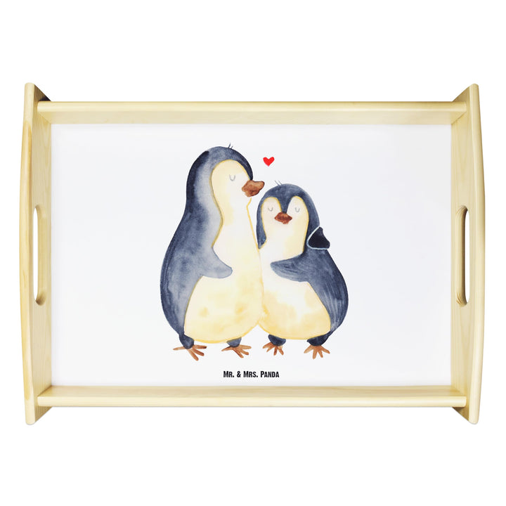 Mr. & Mrs. Panda Serviertablett Pinguin umarmend - Geschenk, Holztablett, Frühstückstablett, glückli