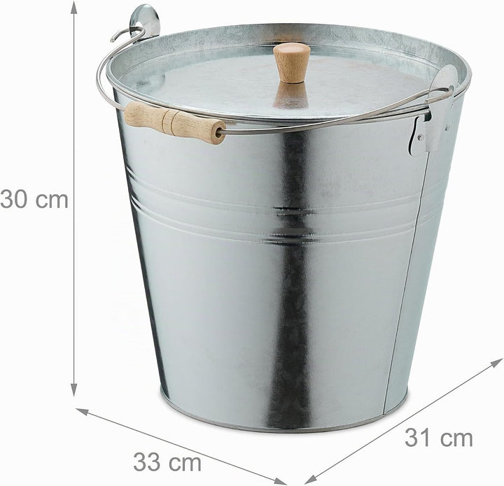 Relaxdays Ascheeimer mit Deckel, 12,5 Liter, Henkel mit Holzgriff, für Kohle &amp; Asche, Kamin, Stahl A