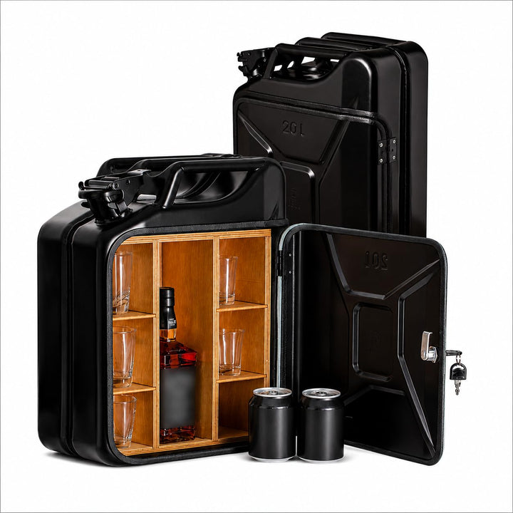 20L Kanister Bar inkl. 3 Whisky Gläser- Jerrycan 4 Herausnehmbaren Fächern schwarzer Metall Mobile B