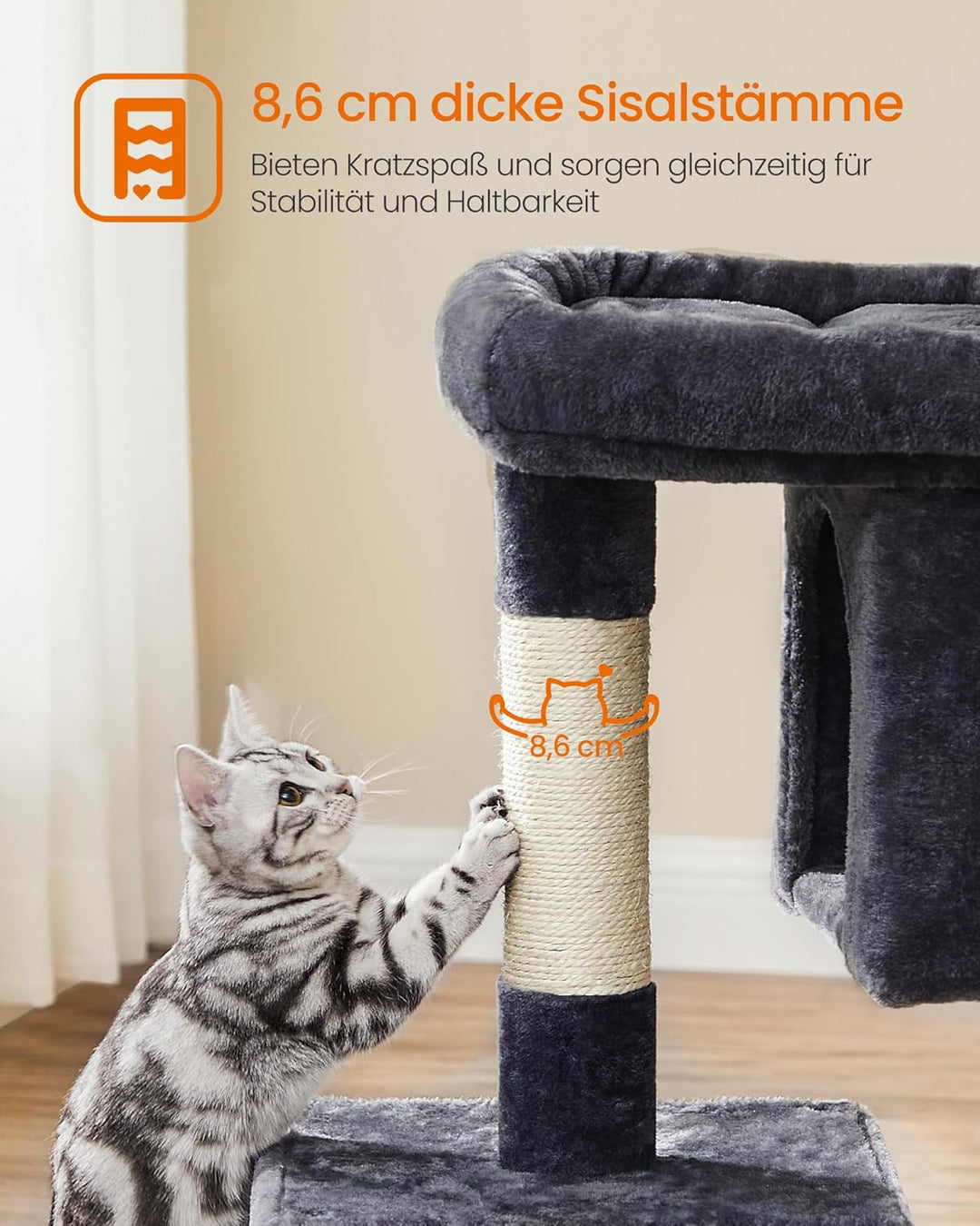 Feandrea Kratzbaum, 84 cm Katzenbaum, L, Katzenhaus für grosse Katzen bis zu 7 kg, grosse Plattform,