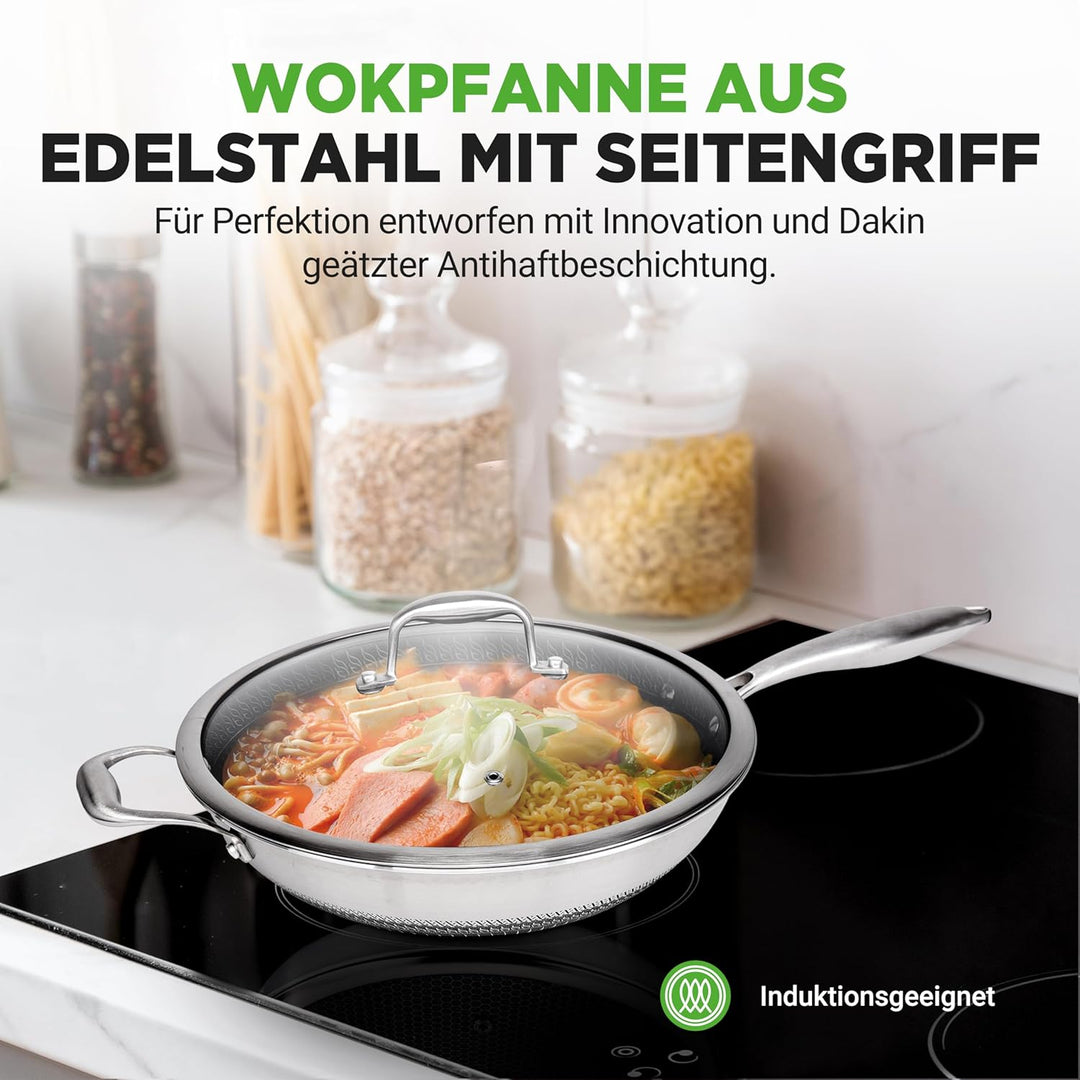 NutriChef Wokpfanne, 30cm Edelstahl Pfanne mit Kratzfester Mesh Beschichtung, Inkl. Glasdeckel, Für