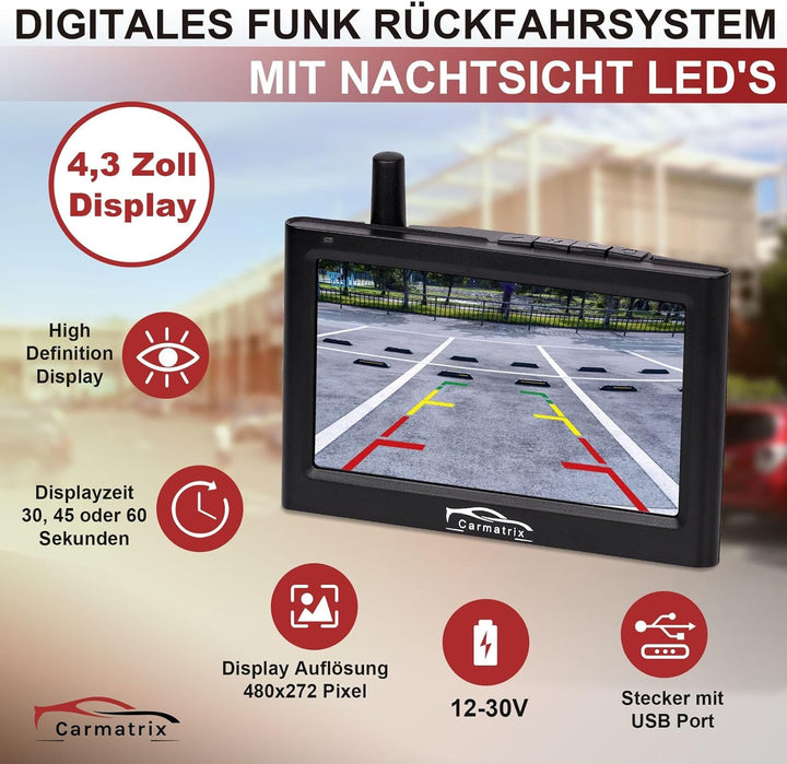 Funk Auto KFZ Rückfahrkamera kabellos Nummernschild 4,3" Monitor Rückfahrsystem mit IR Nachtsicht im