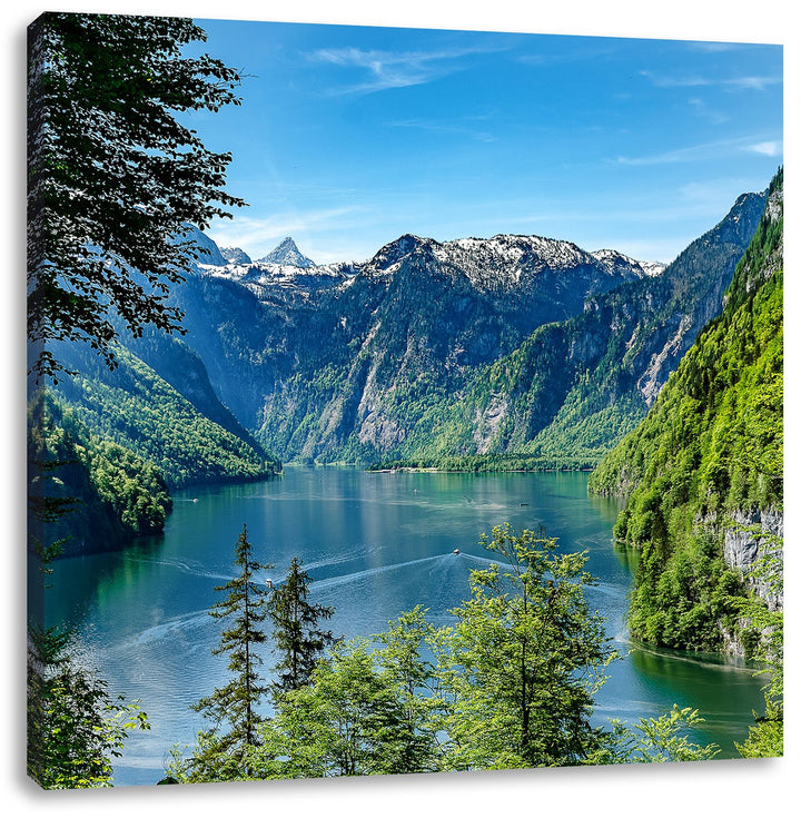 Blick auf den Königssee, Format: 70x70 auf Leinwand, XXL riesige Bilder fertig gerahmt mit Keilrahme