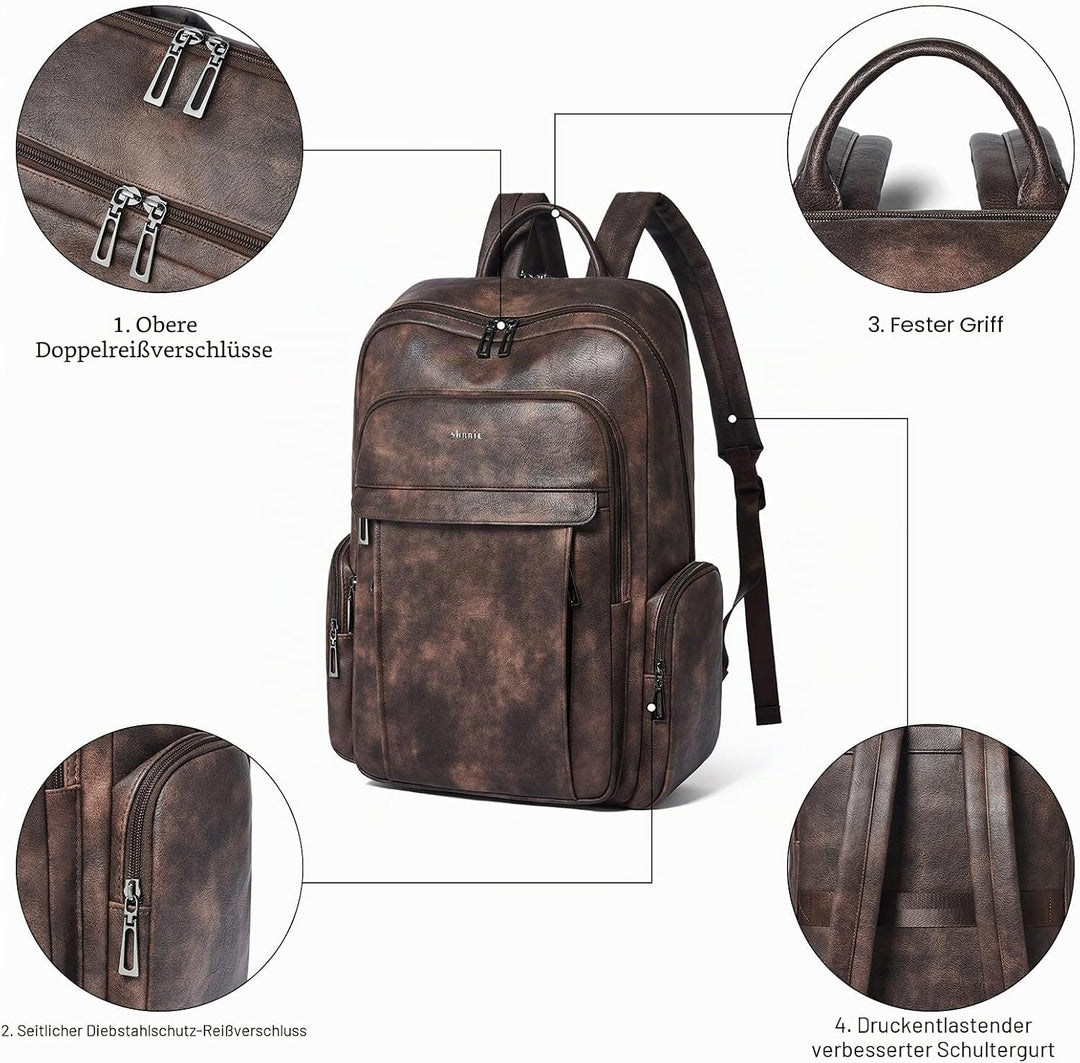Shrrie Leder Laptop Rucksack für Frauen mit 17 Zoll Vegan Leder Computer Rucksack Tasche für Reise C