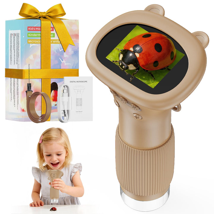 Mikroskop für Kinder - Tragbares Kinder Mikroskop 1000X, Braun | 1000X Taschenmikroskop mit Digitale