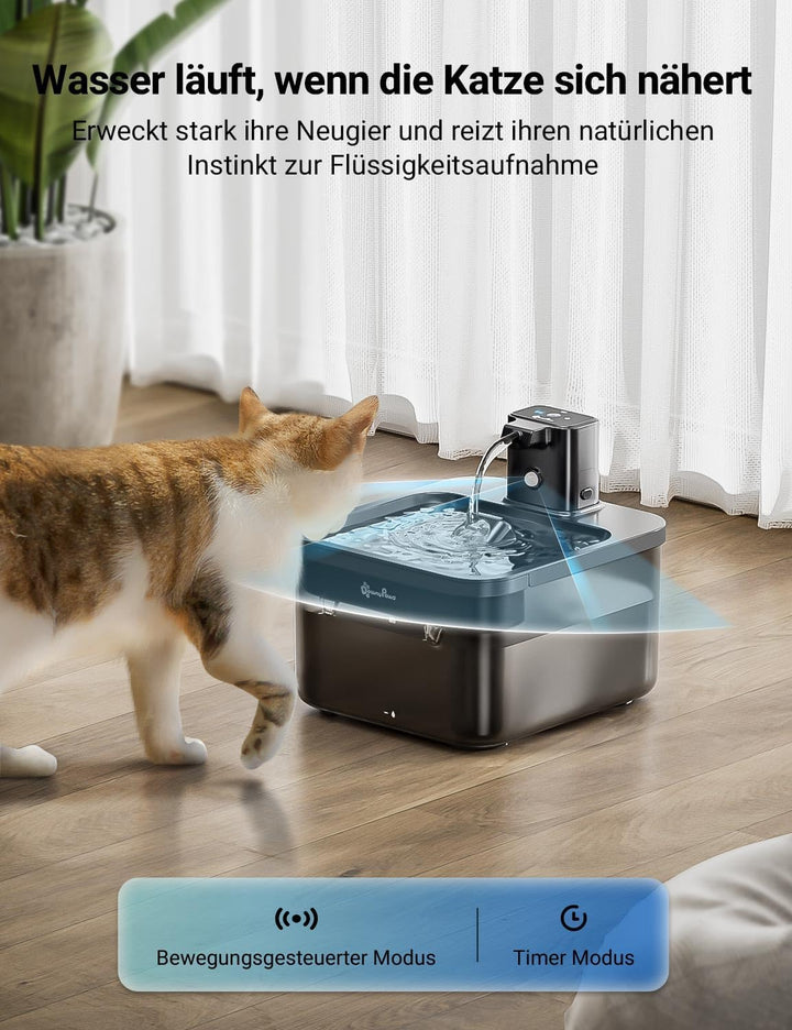 DownyPaws Katzenbrunnen Kabellos, Batteriebetriebener Trinkbrunnen für Katze mit Bewegungsmelder, 2.