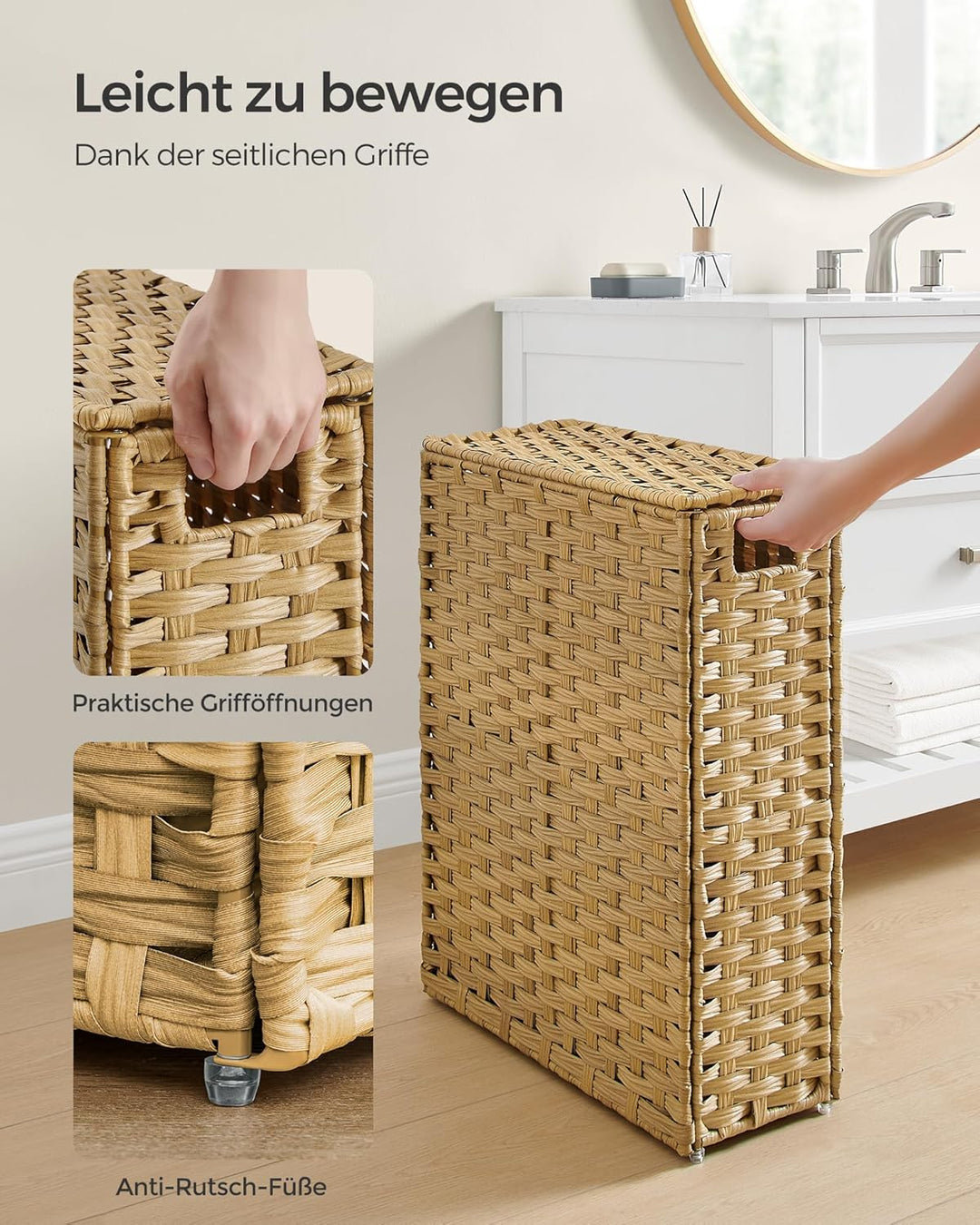 SONGMICS Wäschekorb schmal, Wäschesammler 55 L, Wäschebox aus synthetischem Rattan, mit Deckel und G