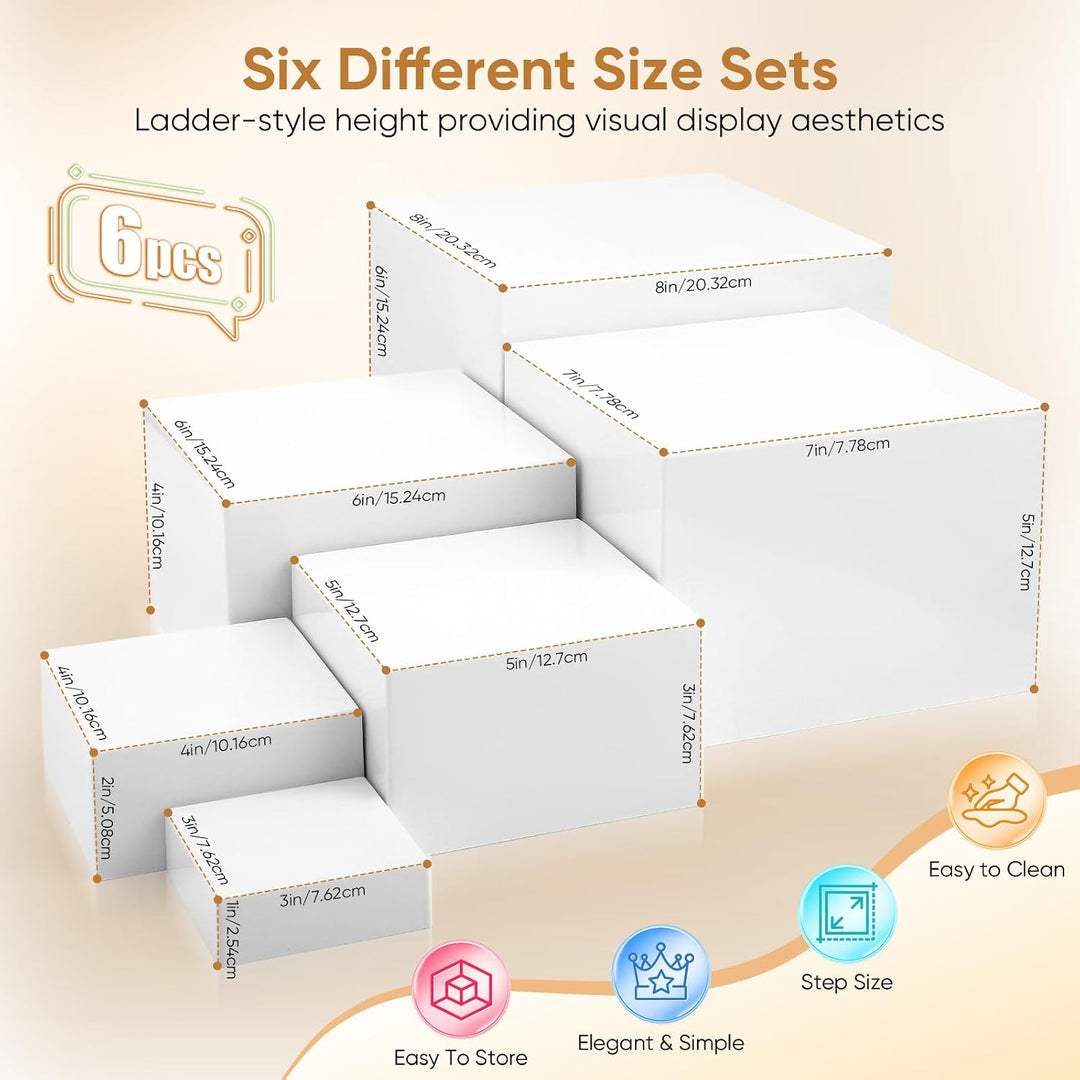 Acryl Buffet Ständer Set, 6 Stück, Weiss, 7,5-20 cm Höhe, Dessert Präsentationsständer für Catering