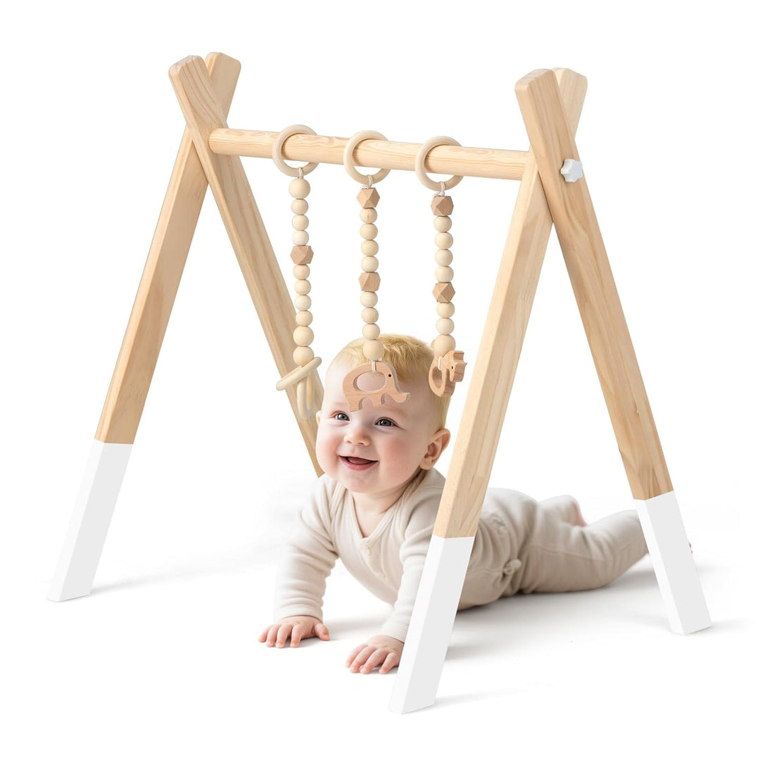 COSTWAY Baby Spielbogen Holz, Spieltrapez klappbar, Baby Gym mit 3 abnehmbaren Kinderspielzeugen, Sp