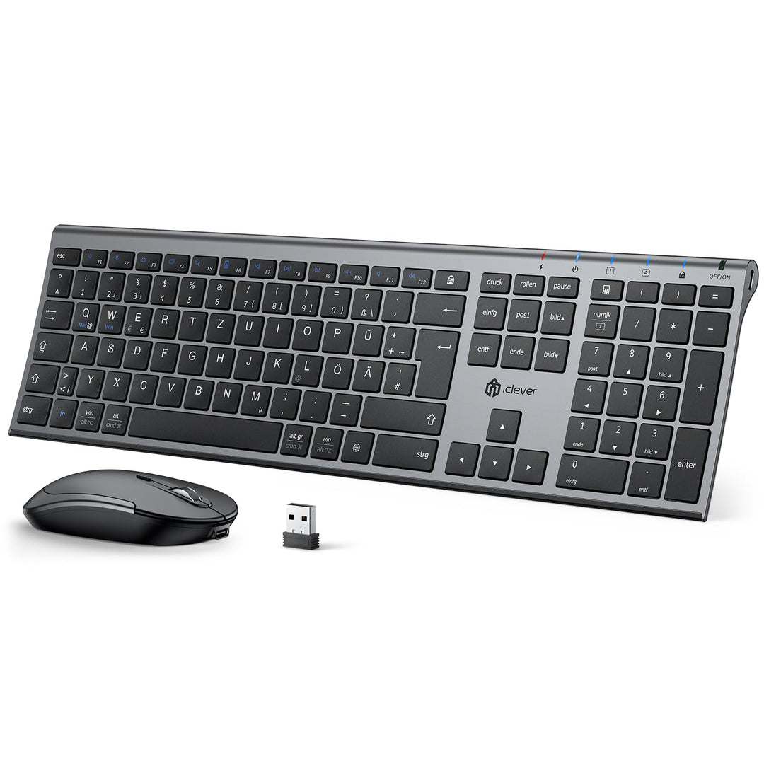 iClever 2.4G kabellose Tastatur und Maus Set, USB-C wiederaufladbar, Originalgrösse, schlanke, dünne