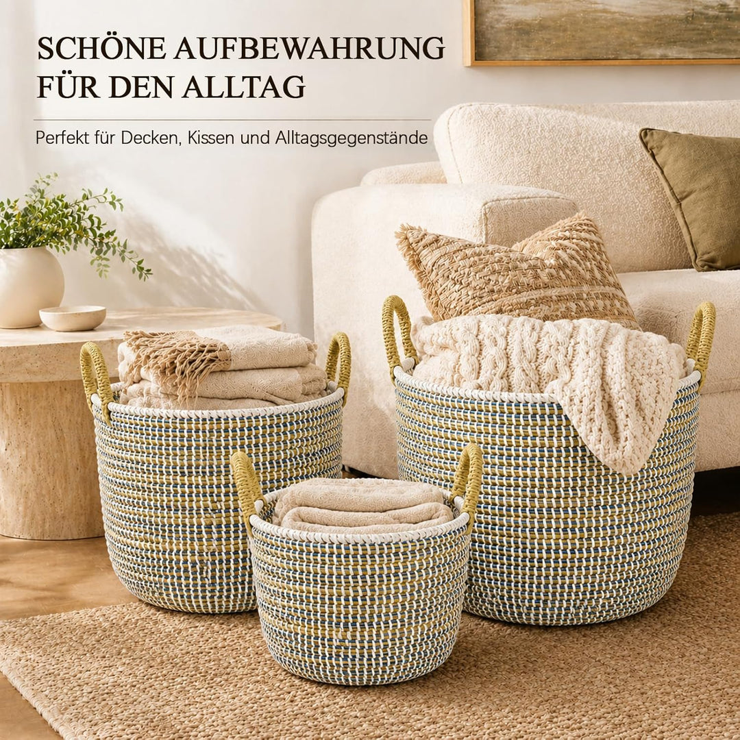 3 Set Wäschekorb Geflochten mit Henkeln | Verschiedene Grössen 32L+17L+8L | Korb ohne Deckel | Handg