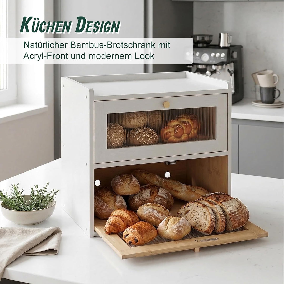 Relaxdays Brotkasten Bambus, 2 Etagen, Brotlade mit Sichtfenstern, Klapptüren, HBT: 34 x 36,5 x 24 c