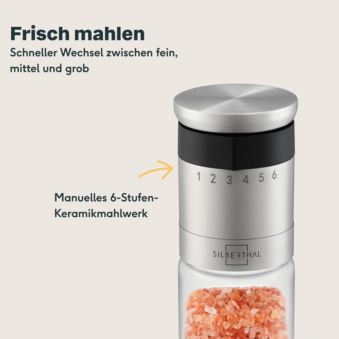 SILBERTHAL Pfeffer- & Salzmühle 4er Set – Mit aussenliegendem Einstellring - 6-Stufen-Mahlwerk, lang