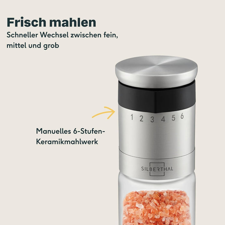 SILBERTHAL Pfeffer- & Salzmühle 4er Set – Mit aussenliegendem Einstellring - 6-Stufen-Mahlwerk, lang