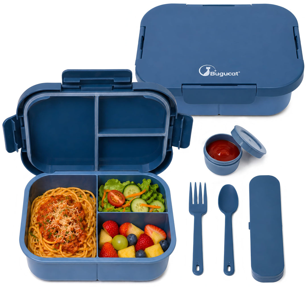 Bugucat Bento Box für Erwachsene Kinder 1300 ml, Auslaufsichere Lunchbox mit 3 Fächern, BPA-freie Br