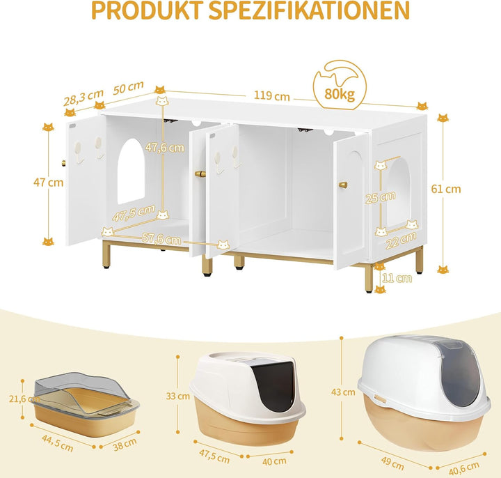 Hzuaneri Katzenschrank für 2 Katzen, 119cm Versteckte Katzentoilettenmöbel, Hölzernes Haustierhaus,
