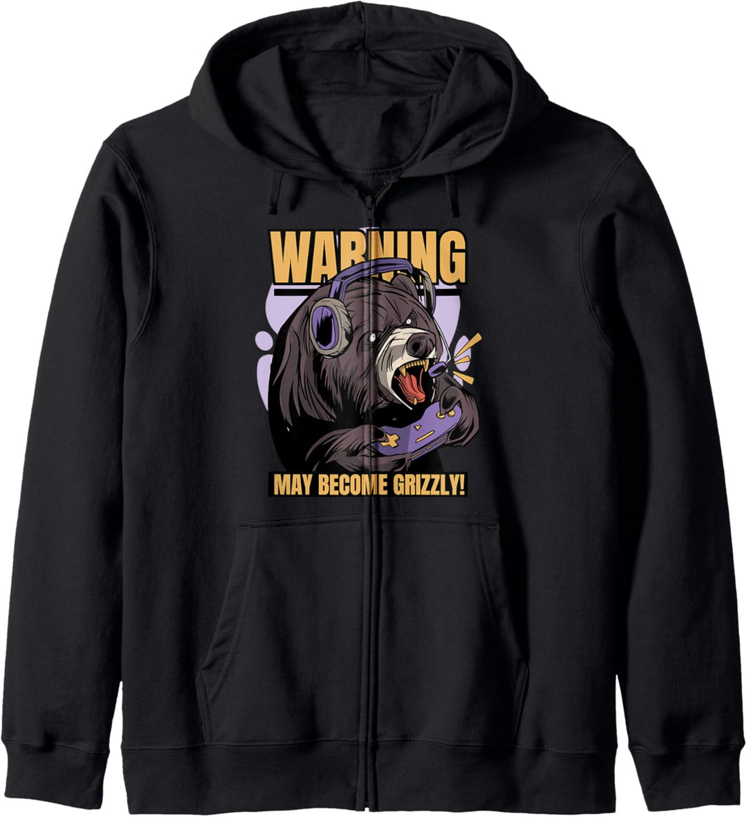 Warning May Become Grizzly Lustiger Gamer Bär Gaming Spruch Kapuzenjacke