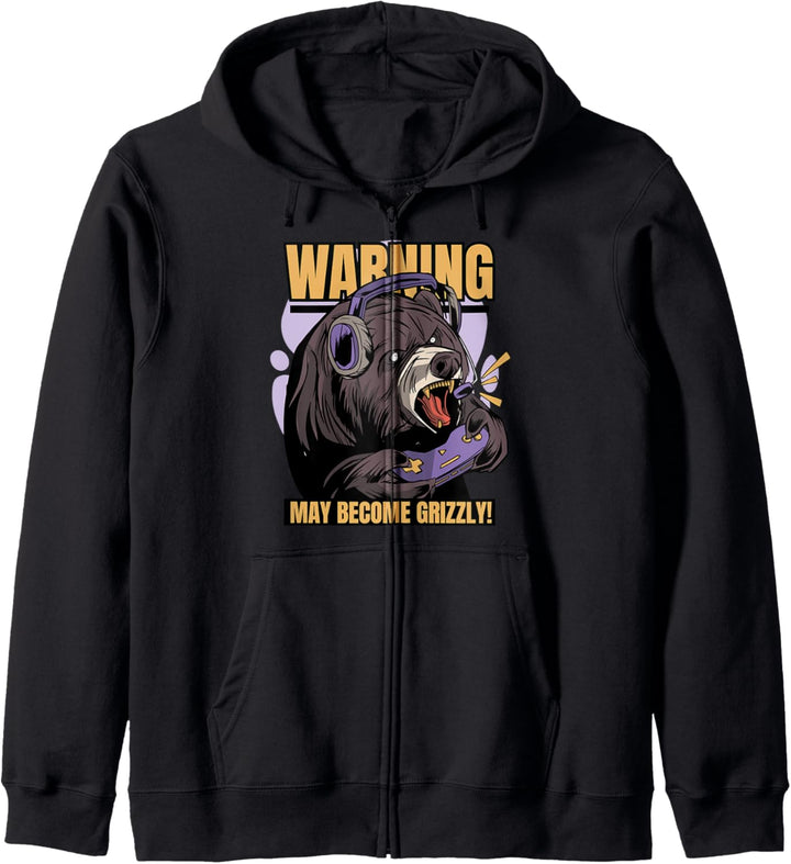 Warning May Become Grizzly Lustiger Gamer Bär Gaming Spruch Kapuzenjacke
