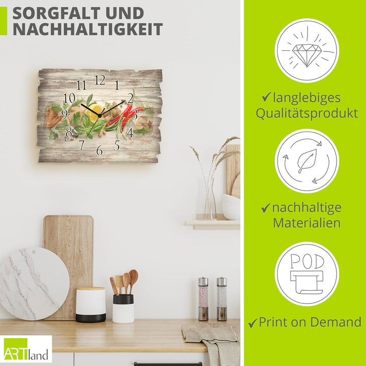 ARTLAND Wanddeko Wanduhr ohne Tickgeräusche aus Holz Quarz Uhr lautlos Rechteckig 40x30 cm Essen Leb