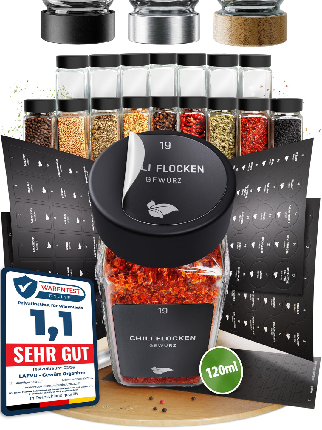 LAEVU Gewürzgläser Set Eckig | 24 Stk. 120ml - 10,5 x 4,5 cm | Gewürzstreuer Schwarz mit 350 Gewürze