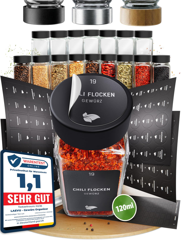 LAEVU Gewürzgläser Set Eckig | 24 Stk. 120ml - 10,5 x 4,5 cm | Gewürzstreuer Schwarz mit 350 Gewürze