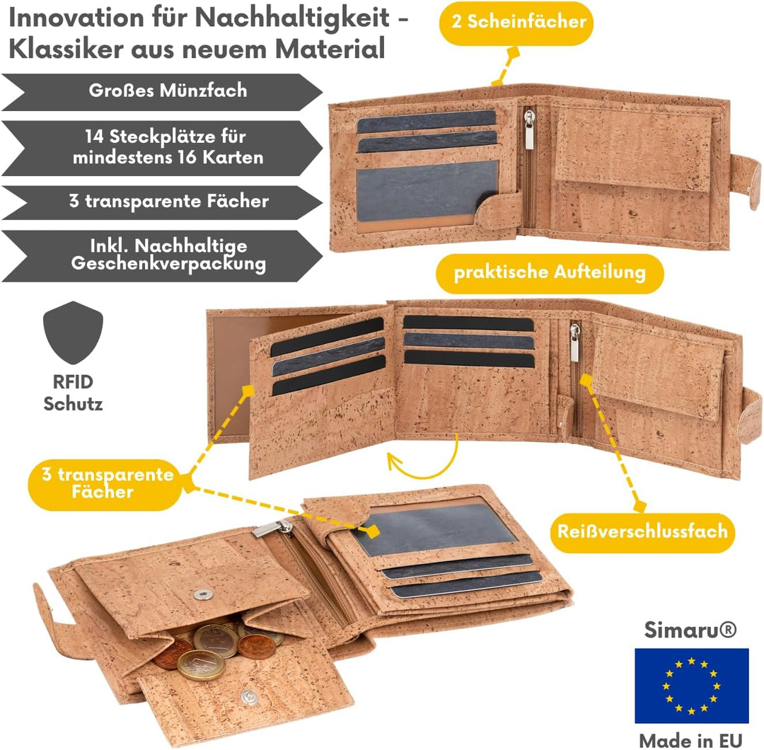 Simaru Kork Geldbeutel, Unisex Geldbörse mit RFID-Schutz, Portemonnaie für 11+Cards, Scheine & Münze