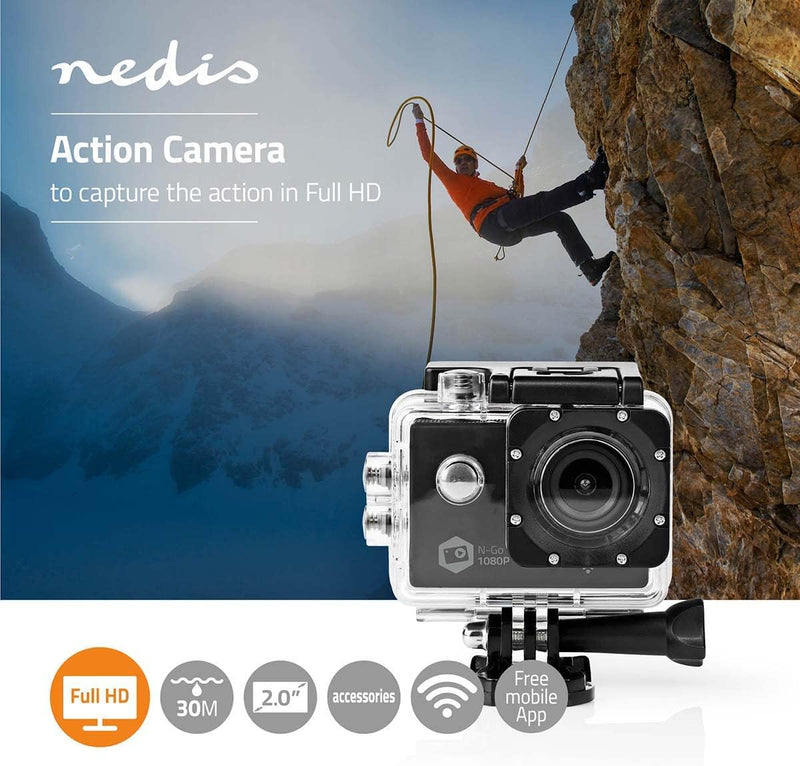 NEDIS - Action-Kamera - Full HD 1080p - WLAN - Wasserdichtes Gehäuse - Leichtgewicht - Mitgelieferte