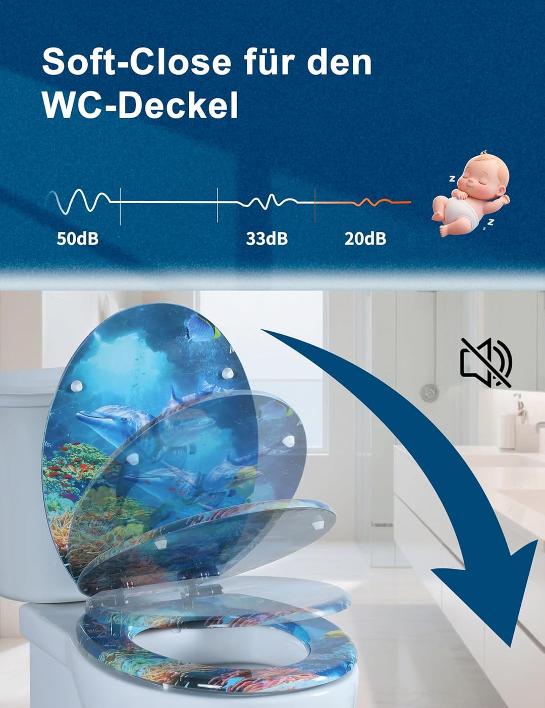 Angel Shield WC-Sitz mit Absenkautomatik, verstellbare Metallscharniere, zu reinigen, O-förmig, 45x3