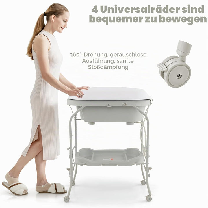 LIFEZEAL Wickeltisch mit Badewanne, 2 in 1 Flatbare Bade-Wickelkombination auf Räder, Badewannenaufs