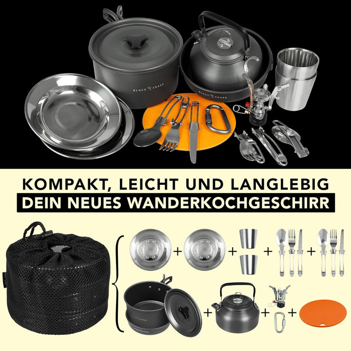 Black Snake® Camping Geschirr 'Himalaya' Kochgeschirr Kombination mit Edelstahl Becher Set, Tellern