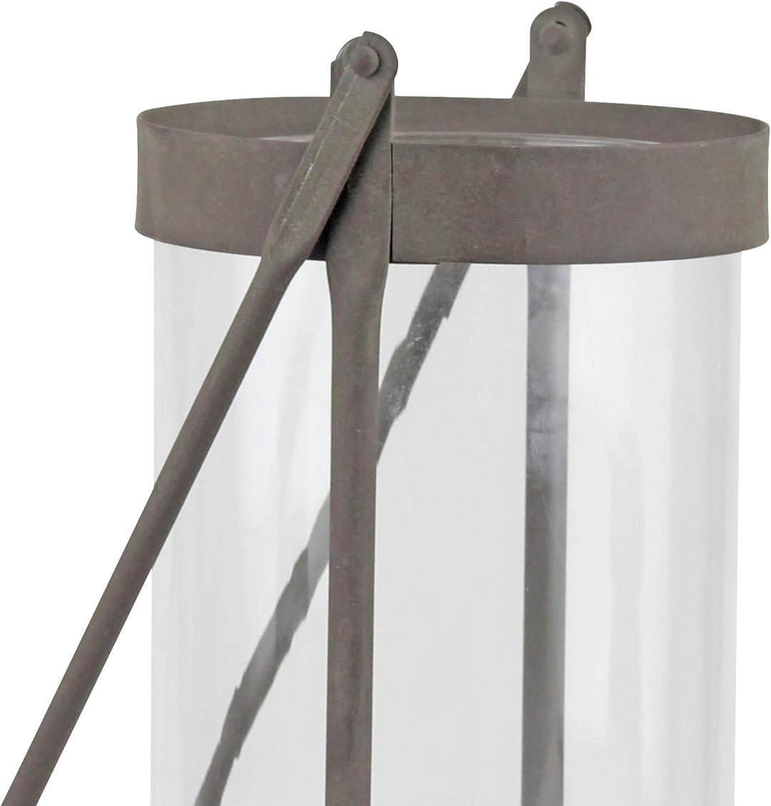 Stonebriar Industrial Glass Cylinder Hurricane Candle Lantern with Rustic Zinc Metal Frame and Handl