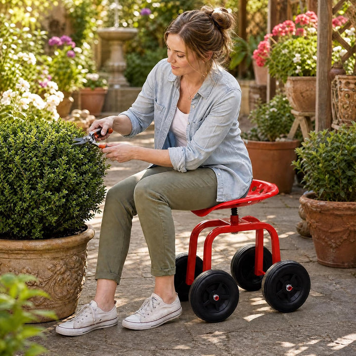 GYMAX Gartenhocker mit Rollen, bis 150kg Belastbar, Rot, Rot