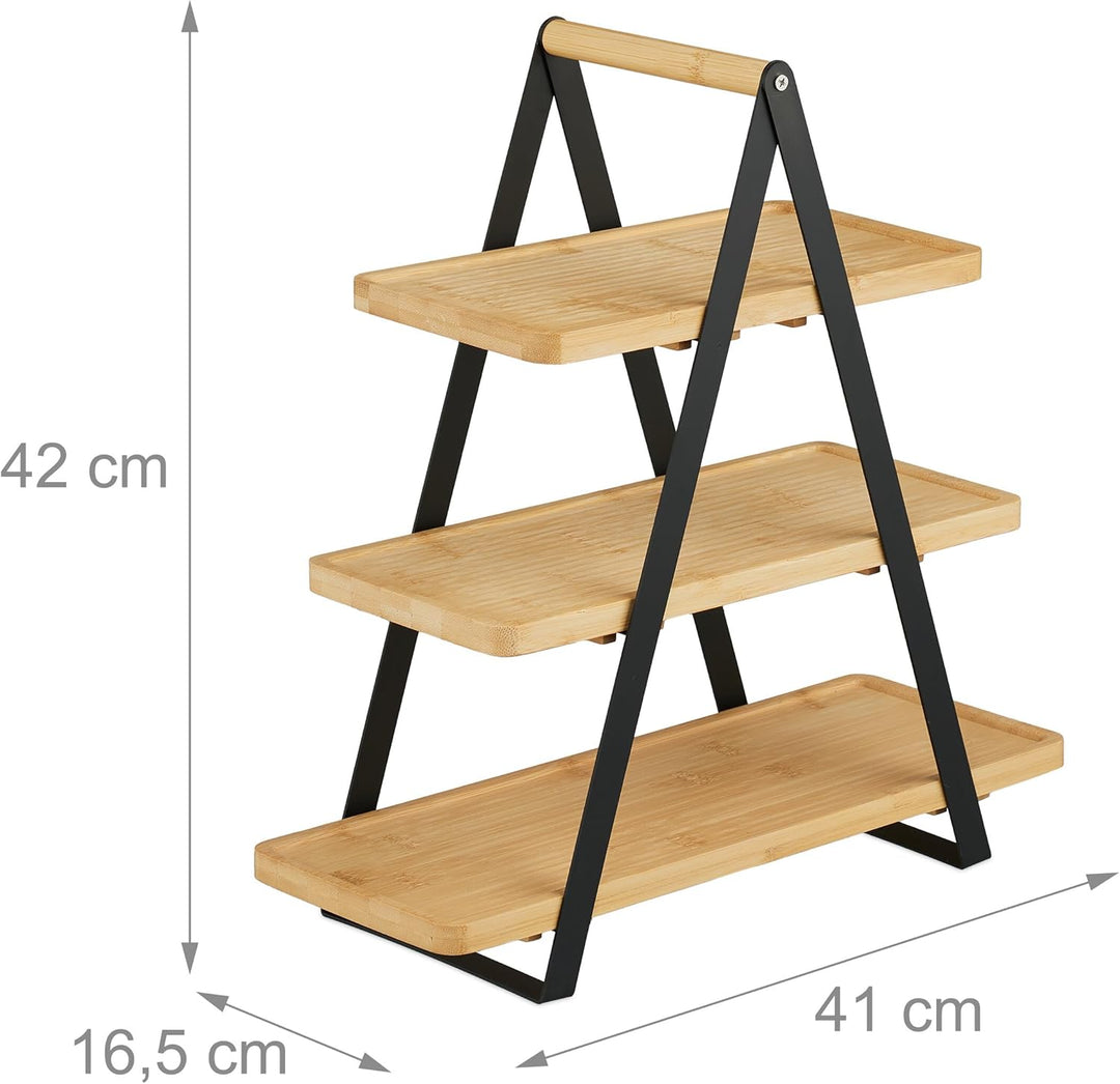 Relaxdays Etagere, 3 Etagen, Bambus, Metall, länglich, Griff, Kuchen, HBT 42x41x16,5 cm, Servierstän