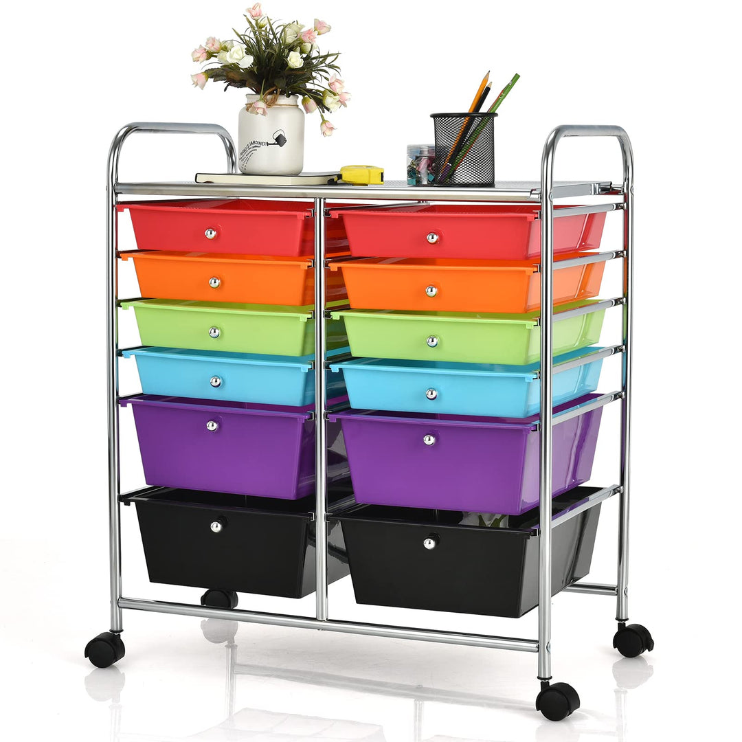COSTWAY Rollwagen mit 12 stapelbaren Schubladen, Schubladenwagen Rollcontainer mit Metallgestell und