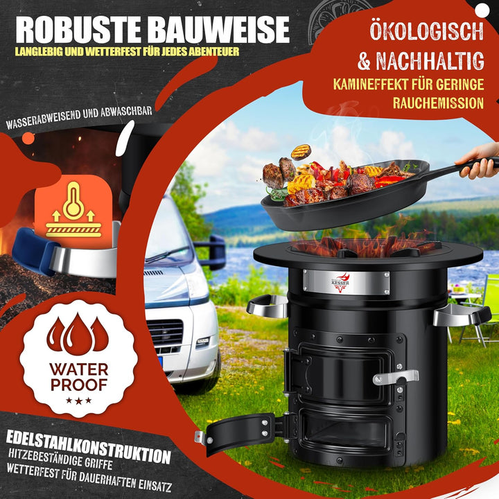KESSER® Raketenofen inkl. Grillpfanne aus Gusseisen, Grillplatte, Grillzange & Tragetasche | Dutch O