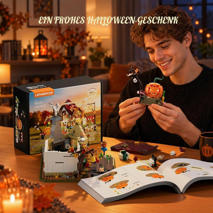 LUMIBRICKS Halloween Herbst Bauernhaus Bauset mit LED-Kürbis, 1557 Teile