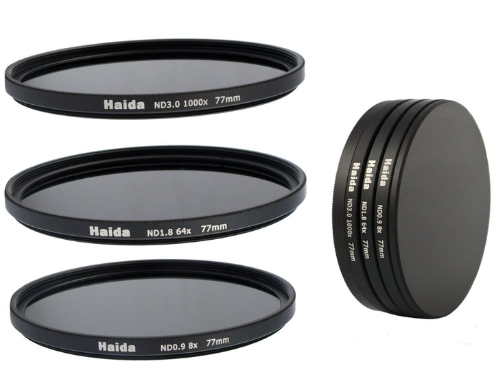 HAIDA Neutral Graufilter Set bestehend aus ND8, ND64, ND1000 Filtern 77mm inkl. Stack Cap Filtercont