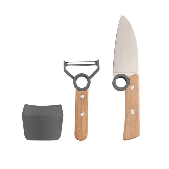 Kinder Kochmesser Set - 3 teilig - Kochmesser - Fingerschutz - Sparschäler - rostfrei Rot Grau, Grau