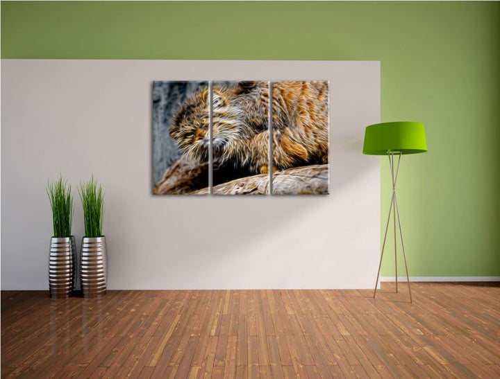 kleine Manul auf Stein Spezial 3-Teiler Leinwandbild 120x80 Bild auf Leinwand, XXL riesige Bilder fe