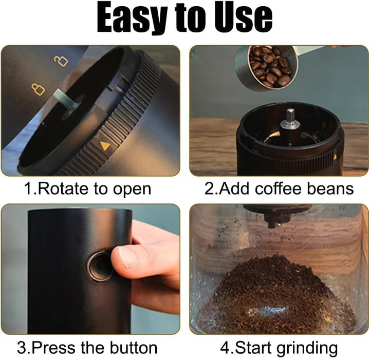 Kaffeemühle, Tragbare Kleine Bohnenmühle, Stufenlos Einstellbarer Mahlgrad, 1250 mAh, USB Wiederaufl