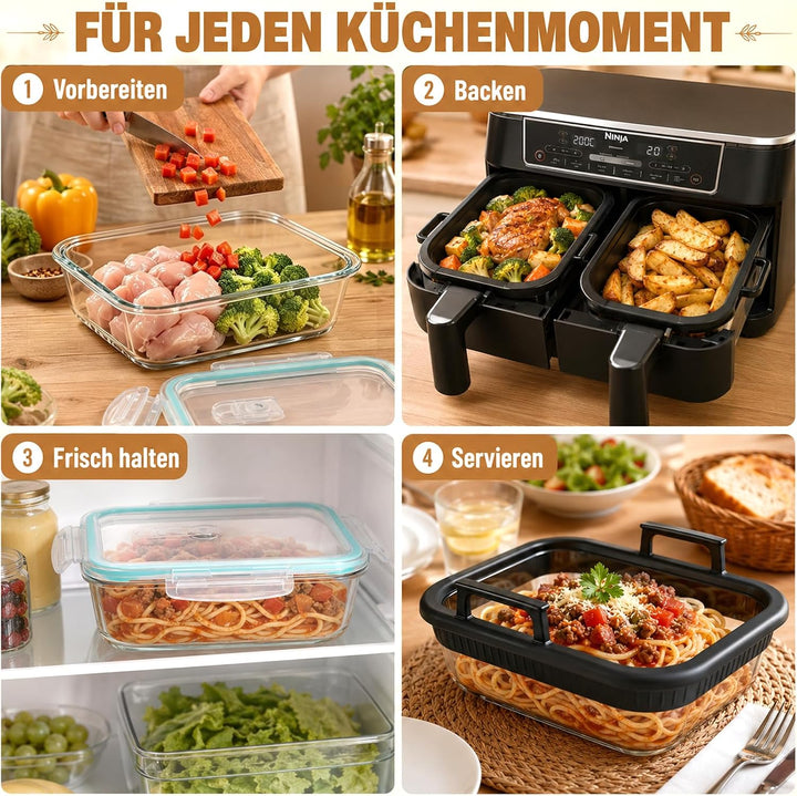 ZYNERY Glas-Auflaufform für Heissluftfritteuse mit Silikongriffen, Heissluftfritteusen-Zubehör mit D