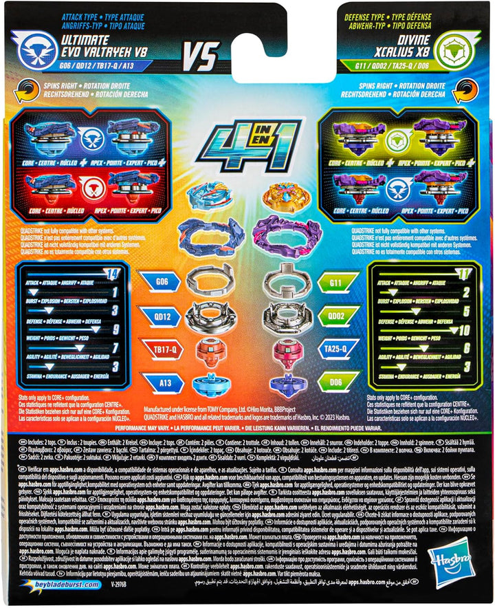 Beyblade Burst QuadStrike Ultimate Evo Valtryek V8 und Divine Xcalius X8 Kreisel Doppelpack, Battle