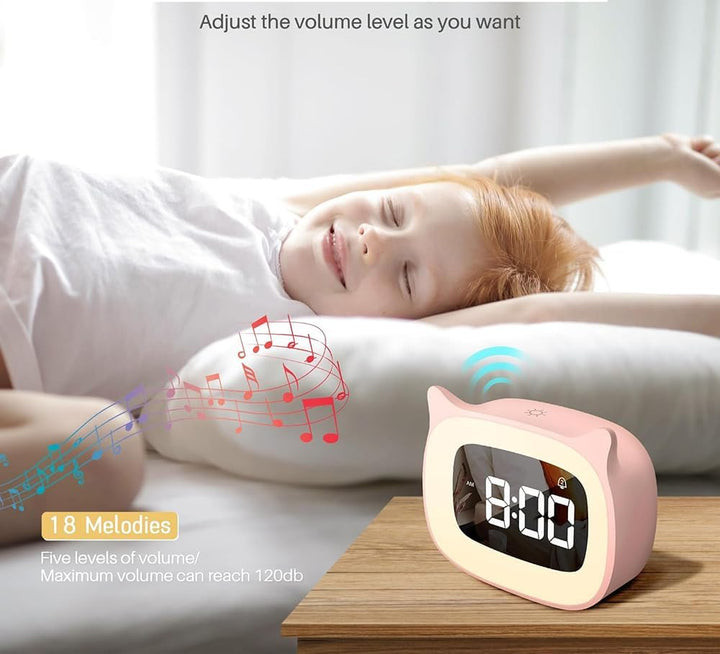 Kinderwecker Digital, Wecker mit Licht, 18 Musik Klingeltöne, 5 Helligkeitsmodi, 12/24 Stunden, USB-
