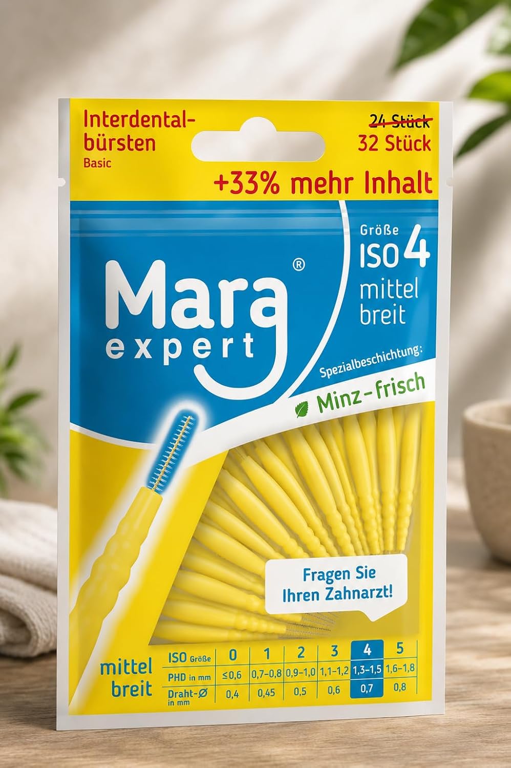 Interdentalbürsten 0,7 mm von MARA EXPERT | ISO 4 mittel breit | 6 x 32 Interdentalbürsten Gelb | Id