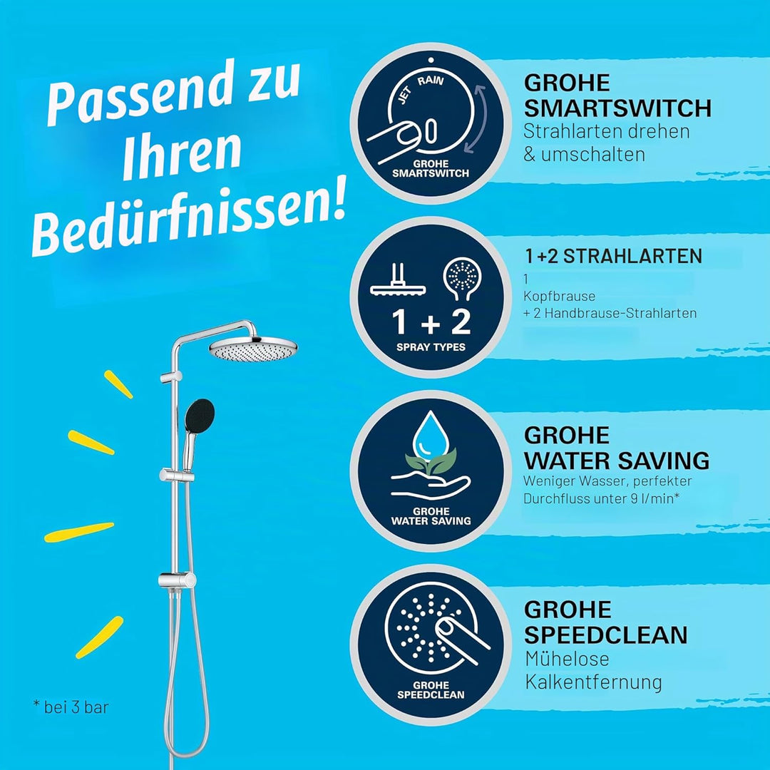 GROHE Vitalio Start 250 - Flex Duschsystem (horizontaler Durscharm 390mm,2 Strahlarten, Brauseschlau