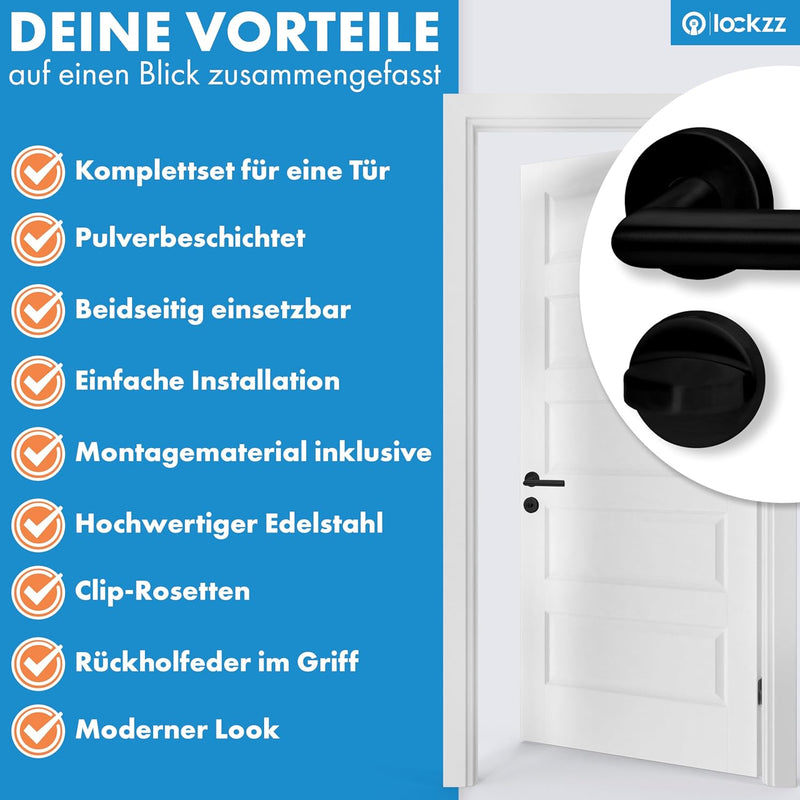 lockzz Türgriff Drückergarnitur Würzburg-II, Edelstahl schwarz matt, Türbeschlag für Badezimmertüren