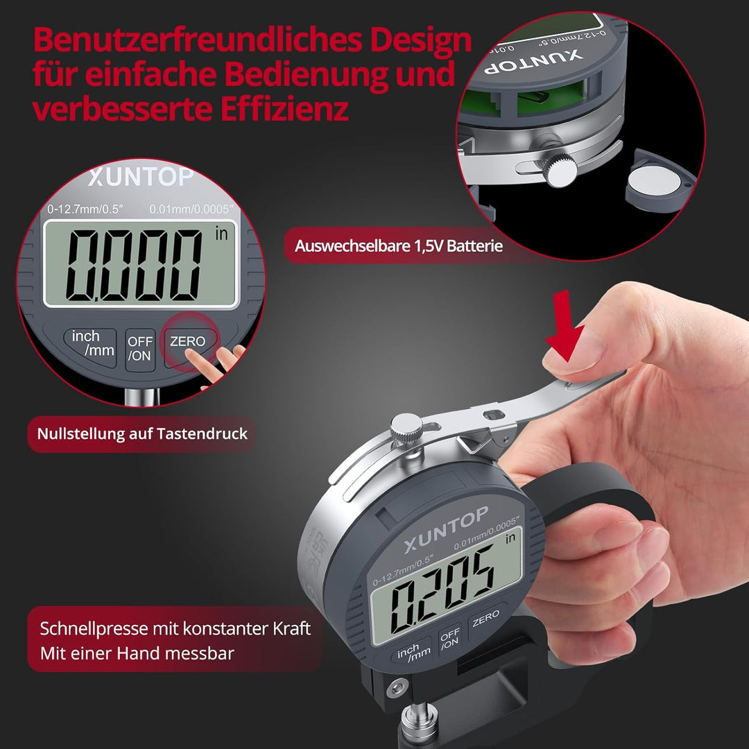 XUNTOP Digitales Dickenmessgerät Messbereich 0-12.7mm Elektronischer Mikrometer Zoll/metrisch elektr