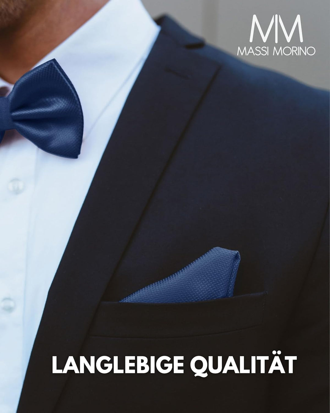 Massi Morino Fliege mit Einstecktuch für Herren Set - Anzug Herrenfliege zur Hochzeit - Verstellbare
