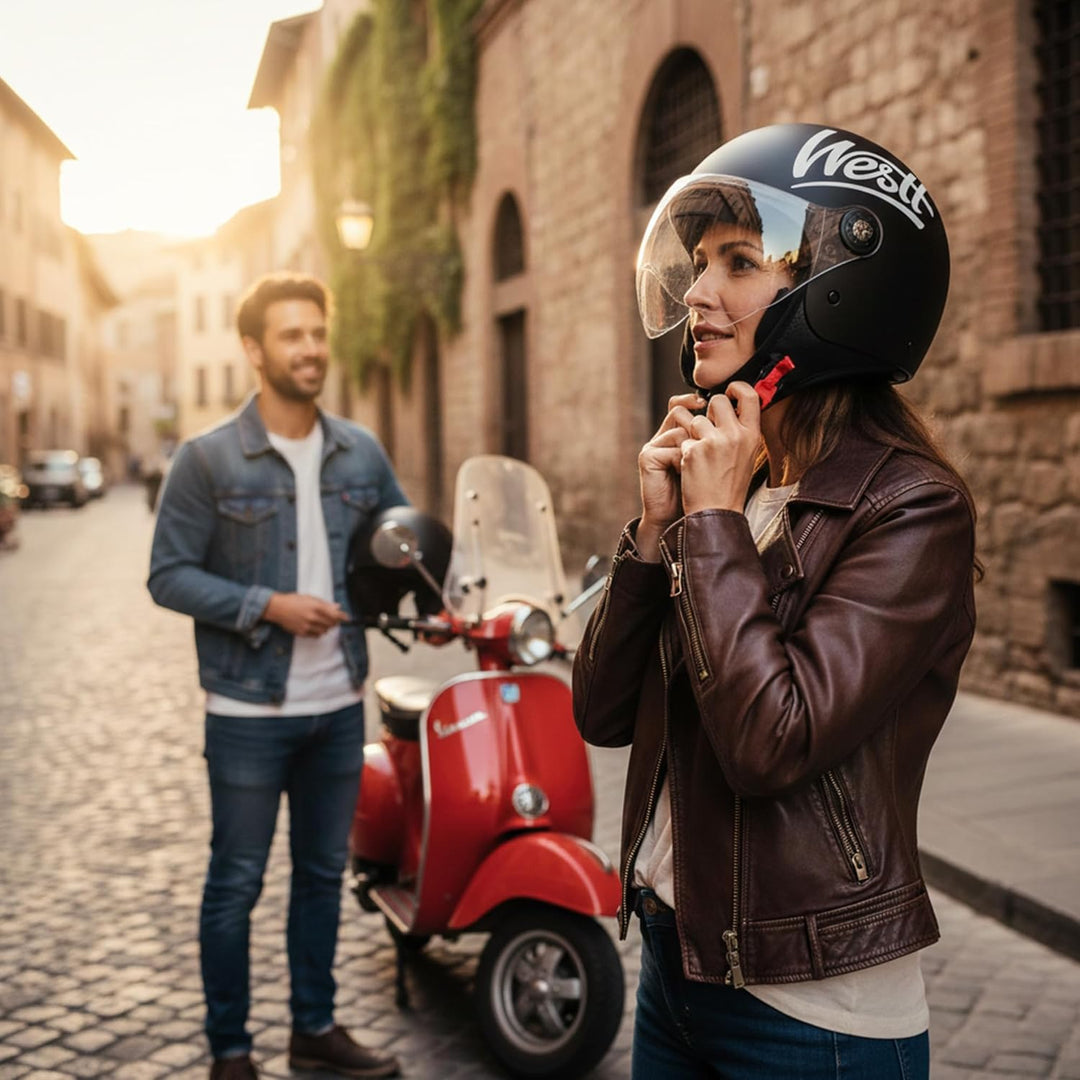 Westt Jethelm mit Visier ECE 22.06 – Leichter Motorradhelm für Damen und Herren – Roller Helm Mopedh