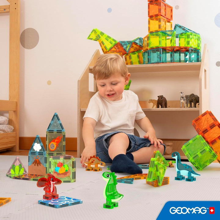 Geomag Magnetic Tiles Dino World - Themen-Set, magnetische Dinosaurier, durchscheinende Paneele, 3D-